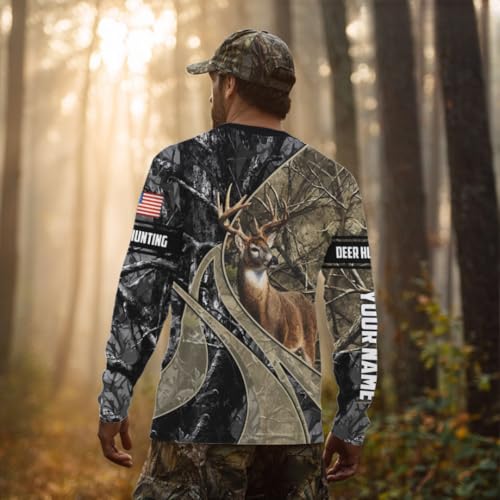 Whitetail Deer Hunting Brown and Black Camo Shirts with US Flag, Personalized Hunting Shirt