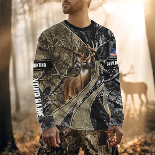 Whitetail Deer Hunting Brown and Black Camo Shirts with US Flag, Personalized Hunting Shirt