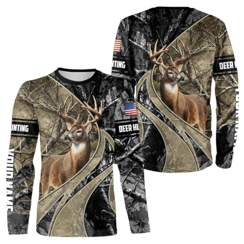 Whitetail Deer Hunting Brown and Black Camo Shirts with US Flag, Personalized Hunting Shirt