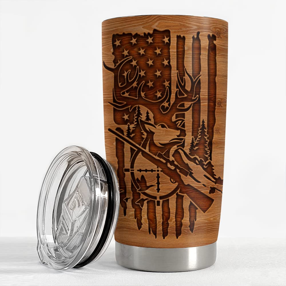 SANDJEST Personalized Hunting Tumbler Wood Style American Flag 20oz 30oz Tumblers with Lid Gift for Men Dad Best Friends Hunting Lovers Christmas Birthday Fathers Day