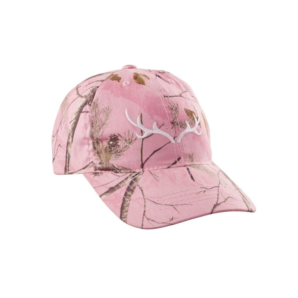 Mooselander – Ladies Baseball Cap in Realtree AP Pink Camo Print with White Antler Logo