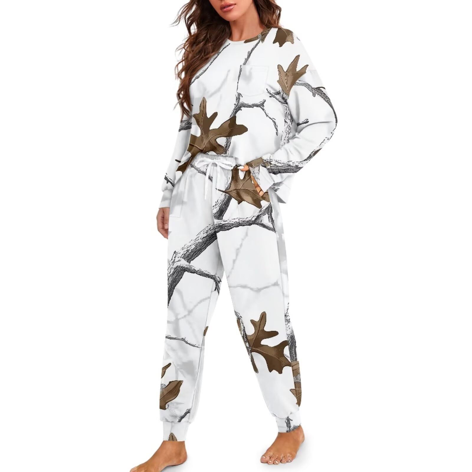 TOADDITDO Pajama Sets for Women White Camo Hunting Forest Leaf 2 Piece Loose Loungewear Long Sleeve Pjs Top Teen Girls Ladies Sleepwear Winter Pjs Sets