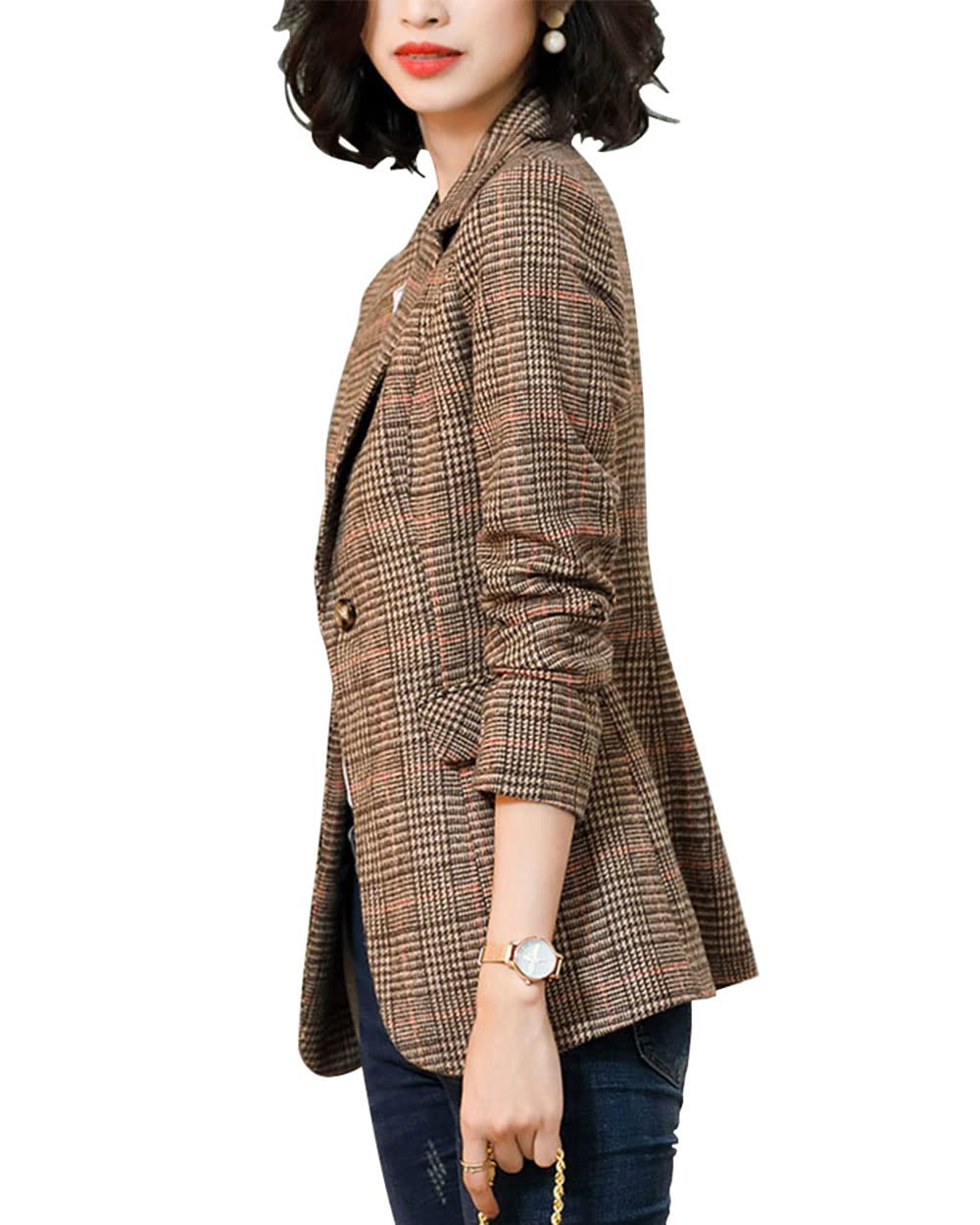 ebossy Women's Notch Lapel 2 Button Boyfriend Blazer Suit Houndstooth Plaid Jacket Coat (Large, X-Brown)