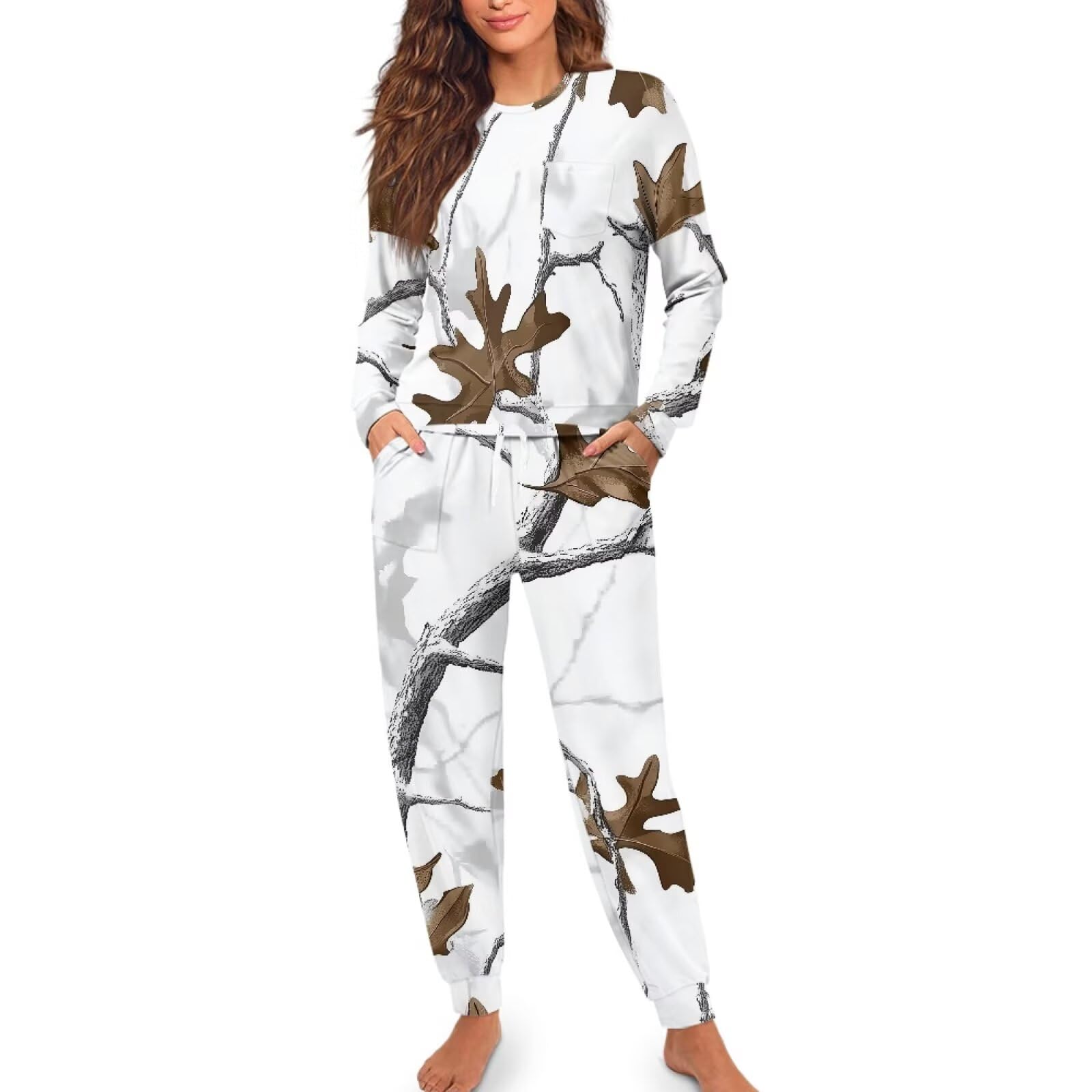 TOADDITDO Pajama Sets for Women White Camo Hunting Forest Leaf 2 Piece Loose Loungewear Long Sleeve Pjs Top Teen Girls Ladies Sleepwear Winter Pjs Sets