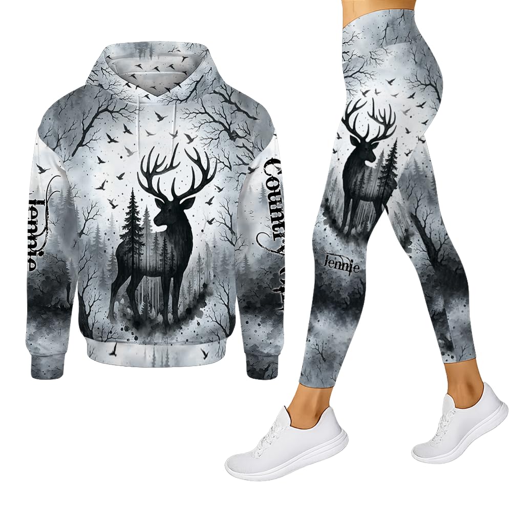 TeeHakie Custom Deer Hunting Hoodie and Leggings Set for Women – 3D Country Girl Sweatshirt & Pants Outfit, Hunting Apparel (Love Hunting, S-5XL)