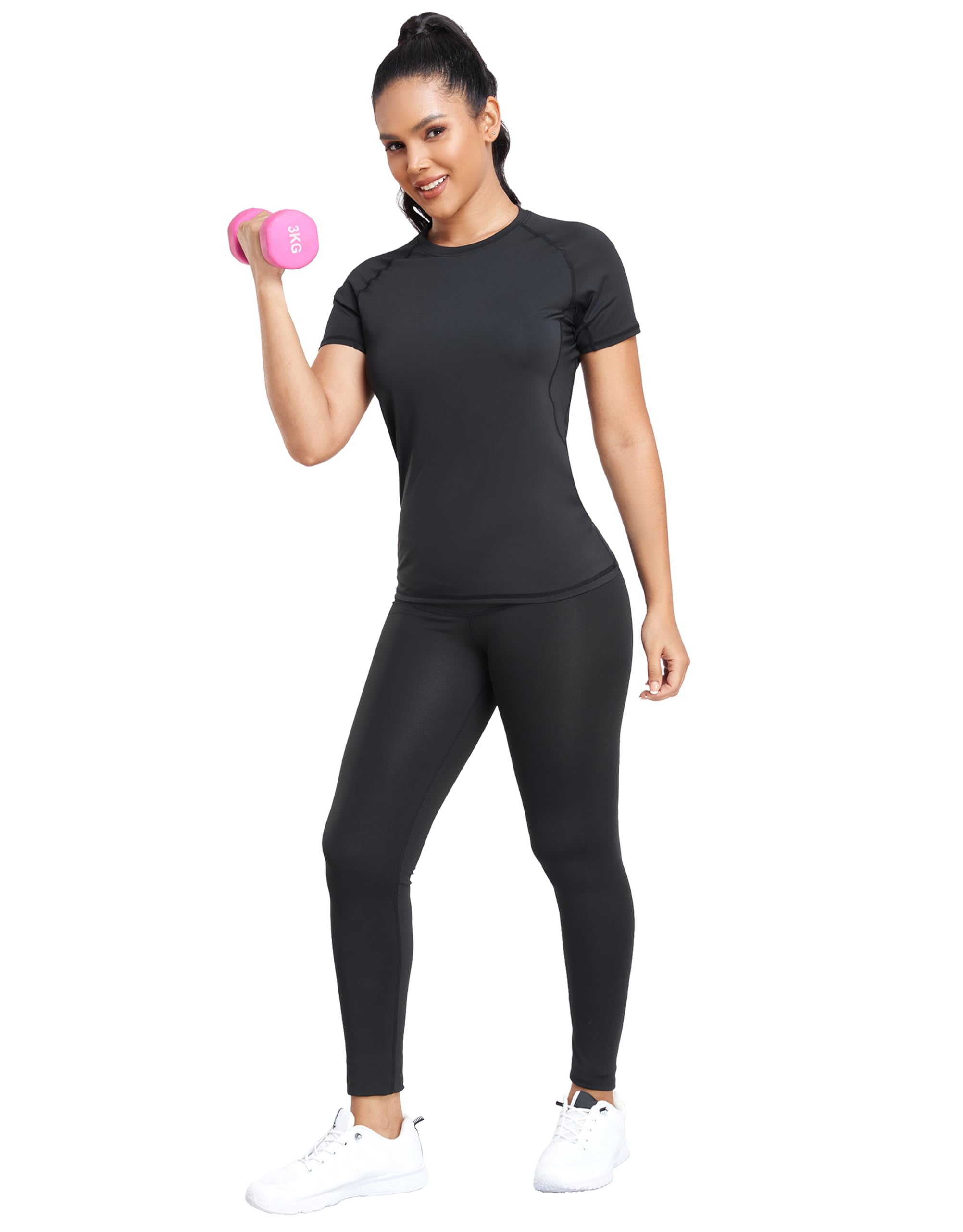 TELALEO 4 Pack Women's Compression Shirt Running Athletic T-Shirts Workout Tops Baselayer Short Sleeve Yoga Gym Sports Gear 2Black/Grey/White M/02