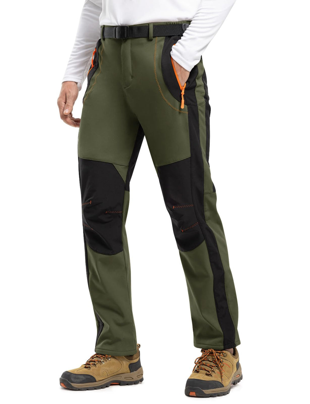 TBMPOY Men's Snow Ski Hiking Pants Waterproof Winter Fleece Lined Pants Camping Skiing Ice Fishing Pants with Belt 02 Thick Green XL