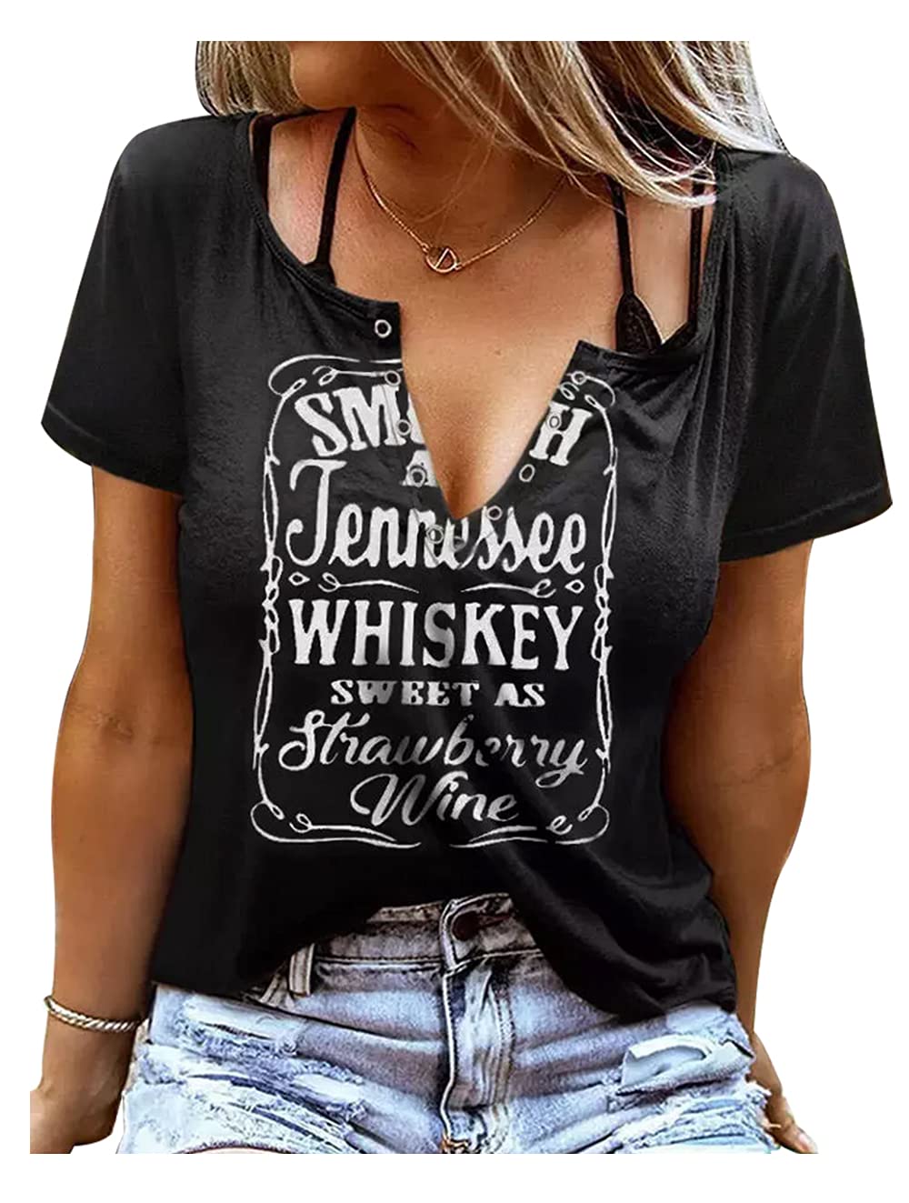 Smooth As Tennessee Whiskey Sweet As Strawberry Wine Shirt Womens Sexy V-Neck T Shirts Country Music Short Sleeve Tees (M, Black)