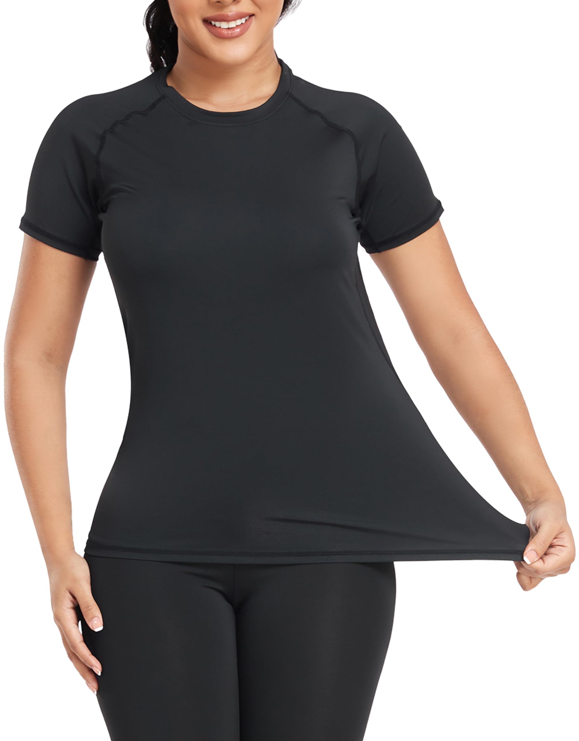 TELALEO 4 Pack Women's Compression Shirt Running Athletic T-Shirts Workout Tops Baselayer Short Sleeve Yoga Gym Sports Gear 2Black/Grey/White M/02