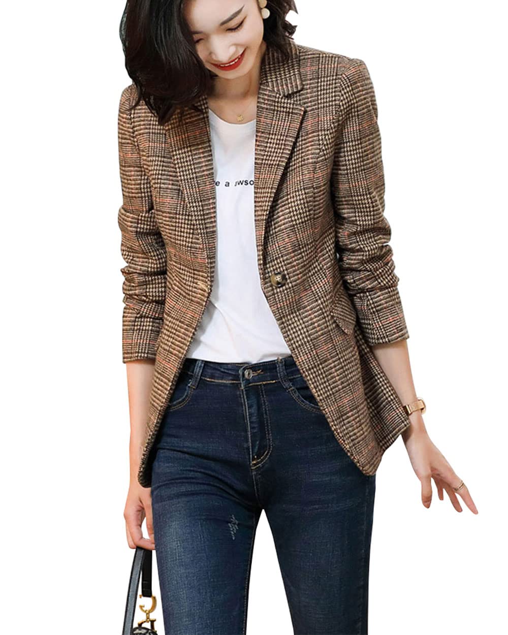 ebossy Women's Notch Lapel 2 Button Boyfriend Blazer Suit Houndstooth Plaid Jacket Coat (Large, X-Brown)