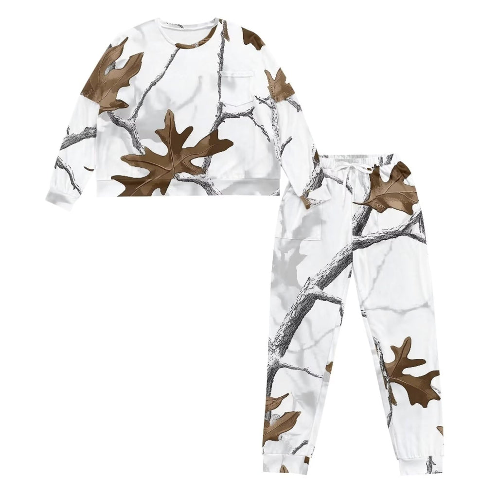 TOADDITDO Pajama Sets for Women White Camo Hunting Forest Leaf 2 Piece Loose Loungewear Long Sleeve Pjs Top Teen Girls Ladies Sleepwear Winter Pjs Sets