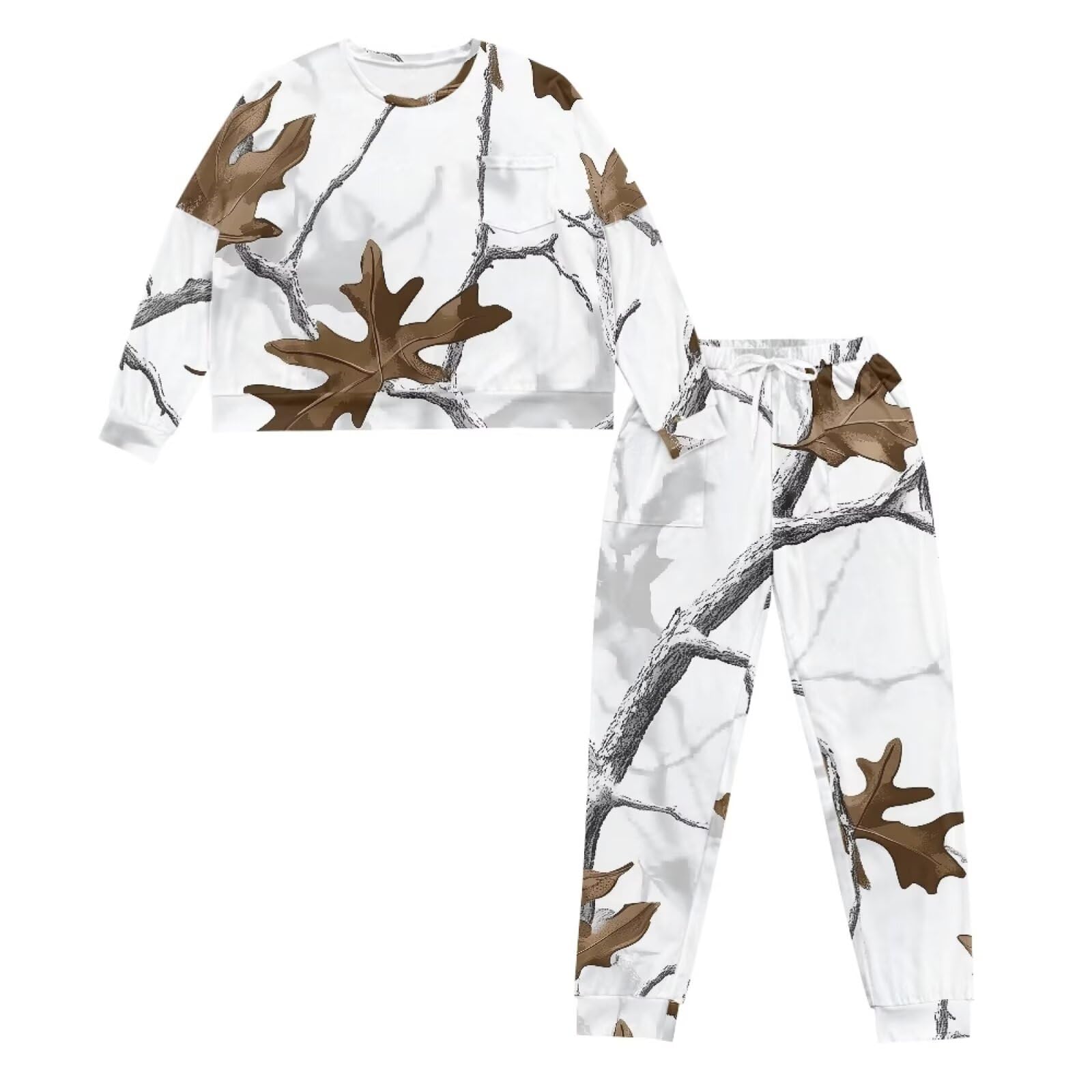 TOADDITDO Pajama Sets for Women White Camo Hunting Forest Leaf 2 Piece Loose Loungewear Long Sleeve Pjs Top Teen Girls Ladies Sleepwear Winter Pjs Sets