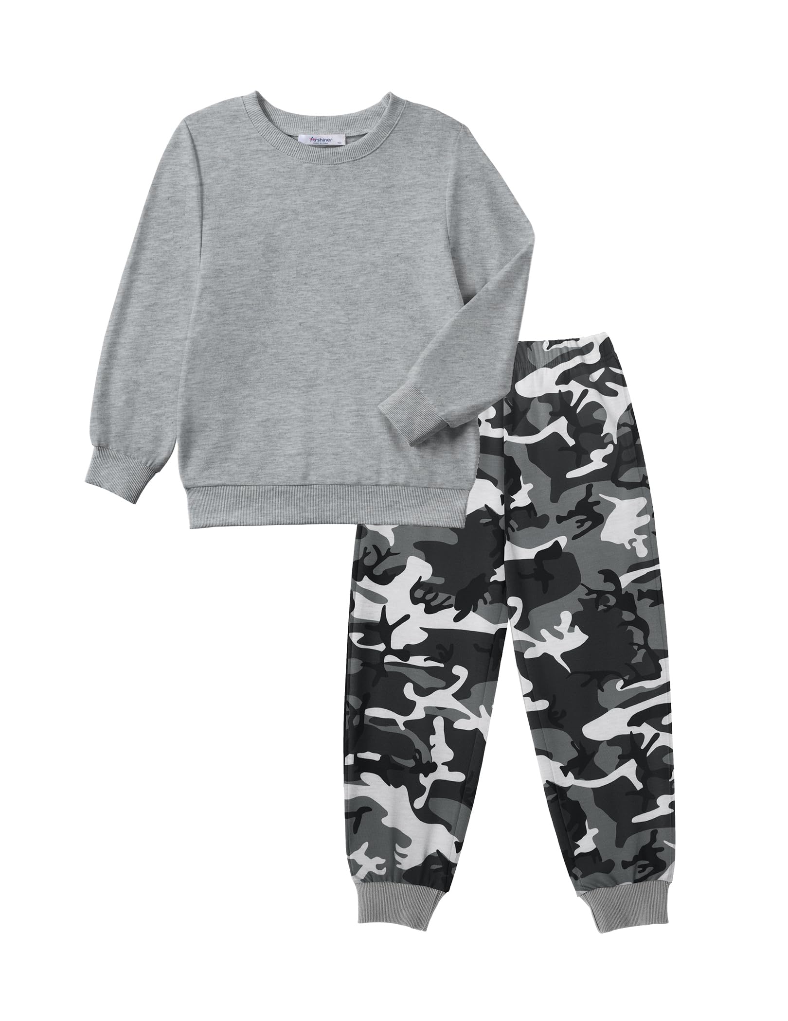 Arshiner Boys 2-Piece Camo Outfit - Grey Sweatshirt & Camouflage Sweatpants Set Fall Clothes for Kids 7-8 Years