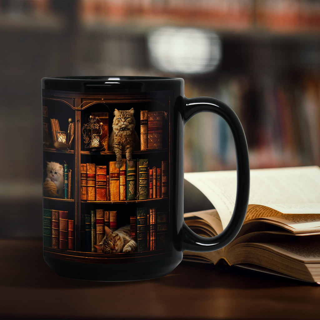 2IMT Cat Book Mug Book Lovers Gifts for Readers - Book Lover Bookish Gifts for Bookworm Women - Library Bookshelf Mug - Best Gift for Cat Lover - Reading Writer Women Black Coffee Cup 15oz