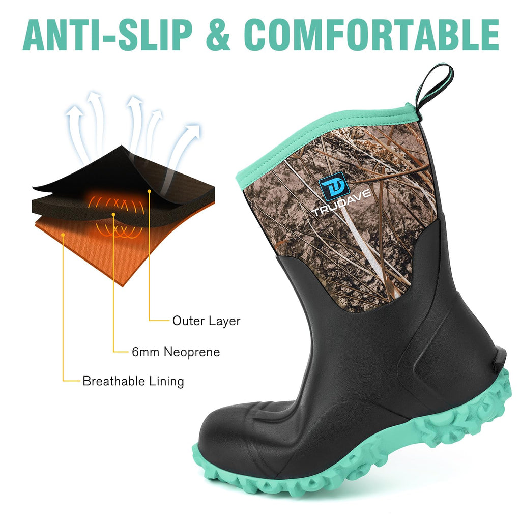 Trudave Rubber Boots for Women with Steel Shank, 6mm Neoprene Mid Calf Rain Boots, Waterproof Insulated Mud Work Boots All Season, Green, Size 5