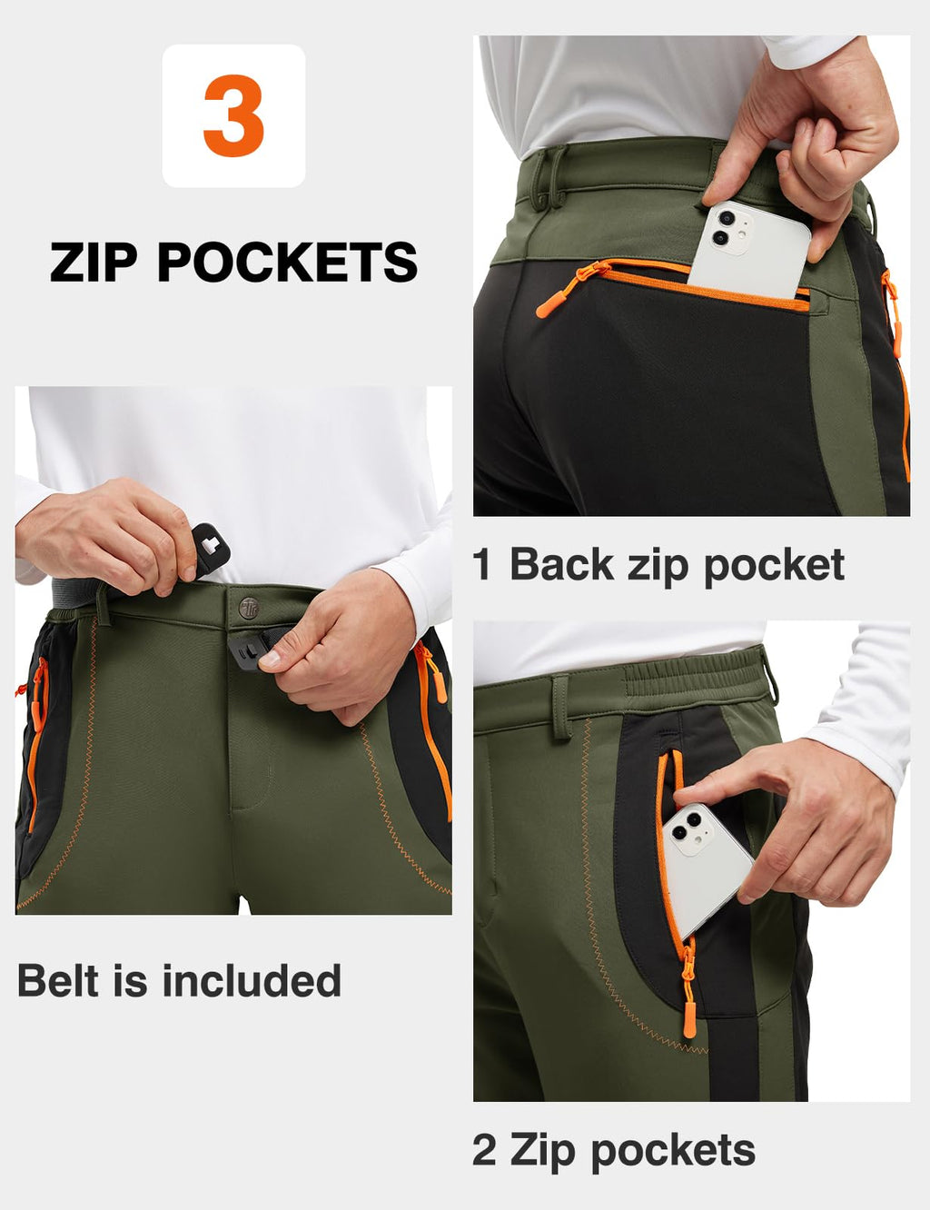 TBMPOY Men's Snow Ski Hiking Pants Waterproof Winter Fleece Lined Pants Camping Skiing Ice Fishing Pants with Belt 02 Thick Green XL