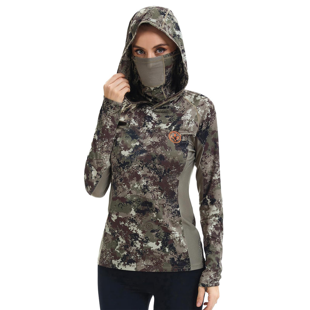BASSDASH Women's UPF 50+ Camo Hunting Hoodie with Neck Gaiter Breathable Performance Long Sleeve Fishing Hooded Tee FS03W