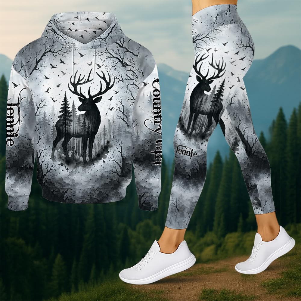 TeeHakie Custom Deer Hunting Hoodie and Leggings Set for Women – 3D Country Girl Sweatshirt & Pants Outfit, Hunting Apparel (Love Hunting, S-5XL)