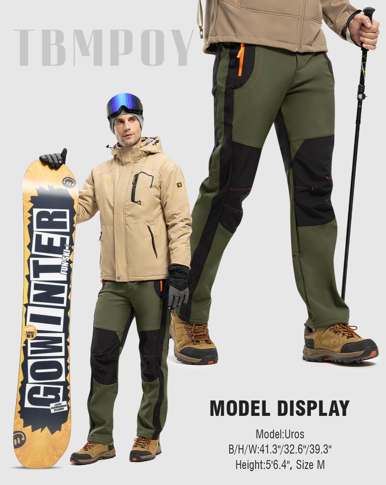 TBMPOY Men's Snow Ski Hiking Pants Waterproof Winter Fleece Lined Pants Camping Skiing Ice Fishing Pants with Belt 02 Thick Green XL