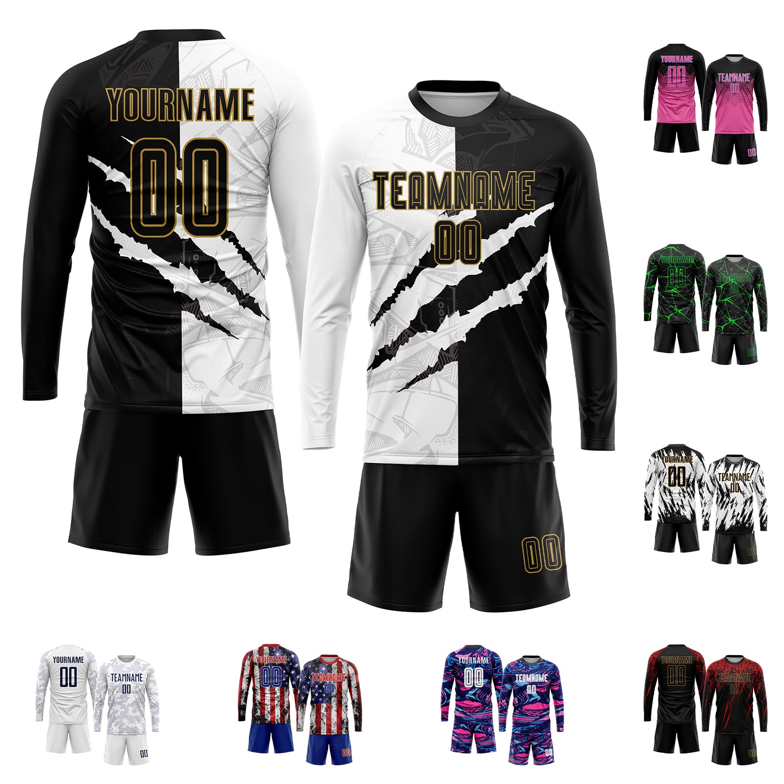 Custom Graffiti Soccer Jerseys Personalized Black Old Gold Soccer Shirts and Shorts Customize Long Sleeve Soccer Uniform Set with Team Name Number Logo for Men Women Youth Kids Boys Girls Sports Fans