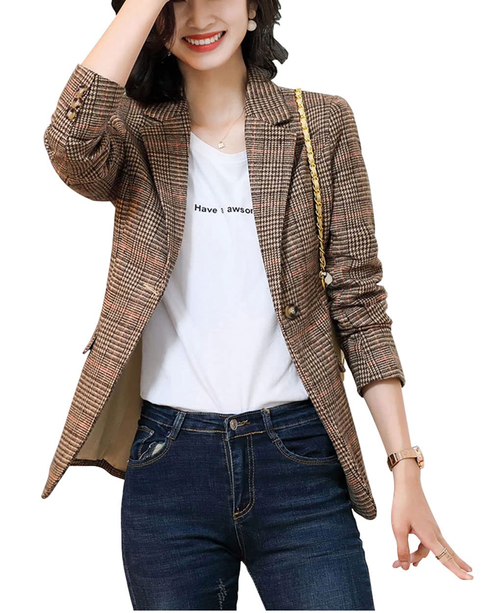 ebossy Women's Notch Lapel 2 Button Boyfriend Blazer Suit Houndstooth Plaid Jacket Coat (Large, X-Brown)