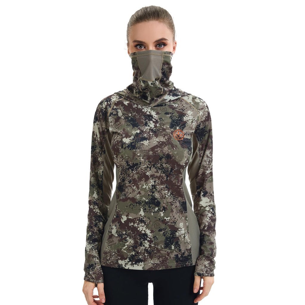 BASSDASH Women's UPF 50+ Camo Hunting Hoodie with Neck Gaiter Breathable Performance Long Sleeve Fishing Hooded Tee FS03W