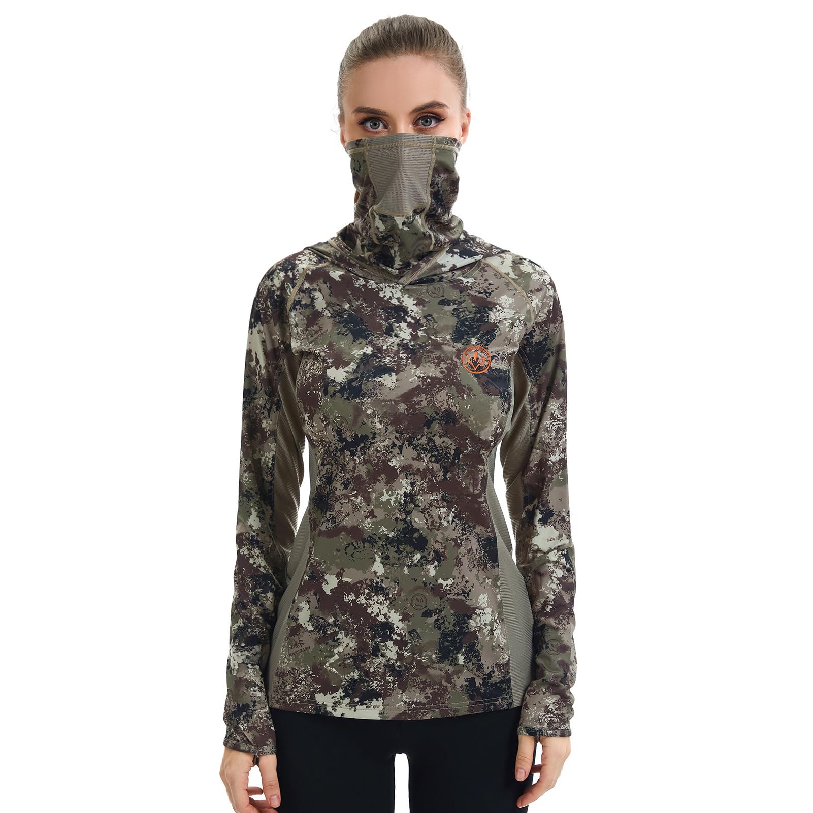 BASSDASH Women's UPF 50+ Camo Hunting Hoodie with Neck Gaiter Breathable Performance Long Sleeve Fishing Hooded Tee FS03W