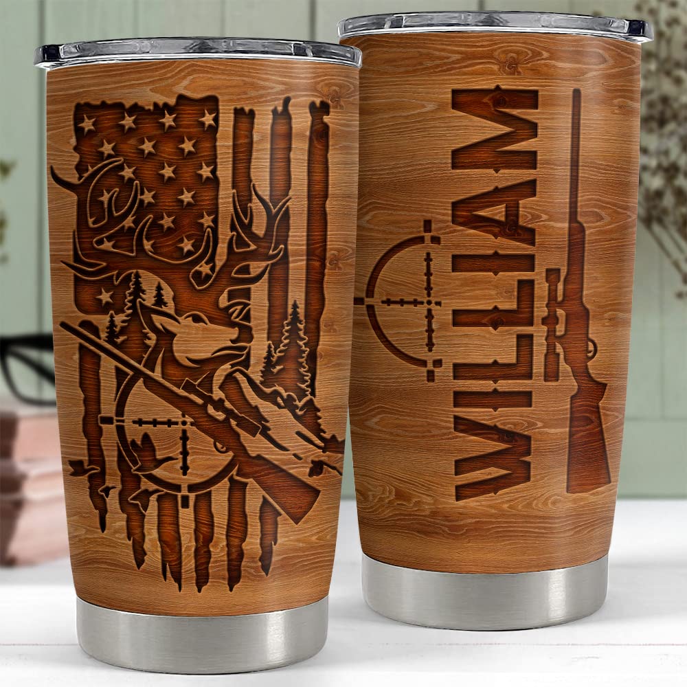 SANDJEST Personalized Hunting Tumbler Wood Style American Flag 20oz 30oz Tumblers with Lid Gift for Men Dad Best Friends Hunting Lovers Christmas Birthday Fathers Day