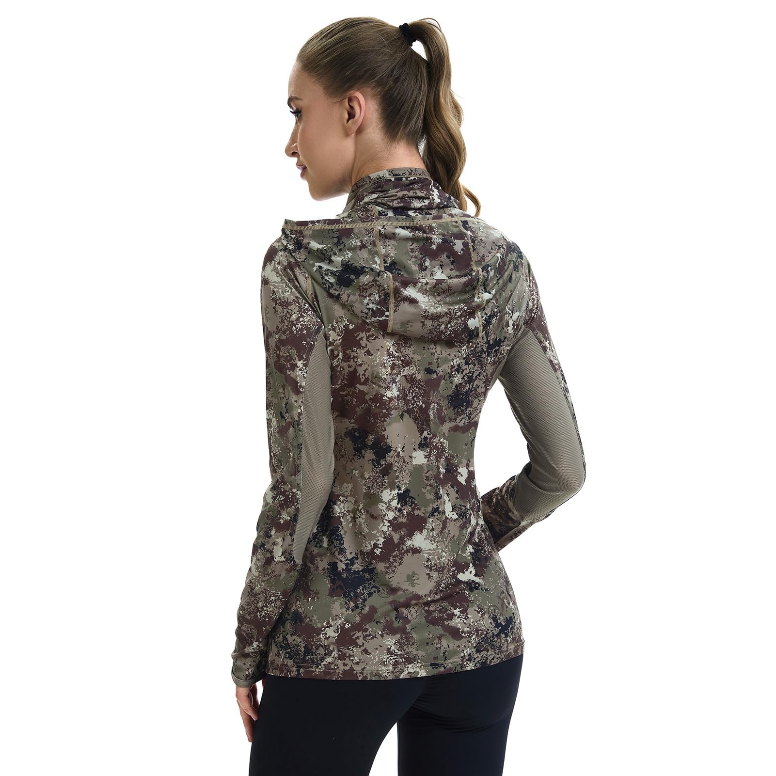 BASSDASH Women's UPF 50+ Camo Hunting Hoodie with Neck Gaiter Breathable Performance Long Sleeve Fishing Hooded Tee FS03W