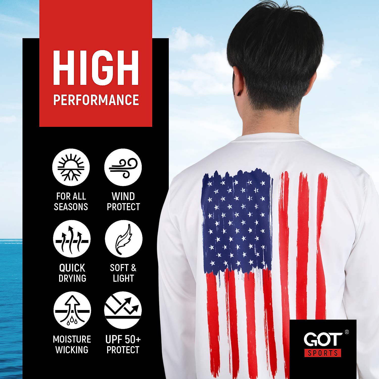 GOT Sports UPF 50+ Fishing T Shirts for Men Women Long Sleeve - UV Sun Protection, Lightweight (American Flag X-Large)