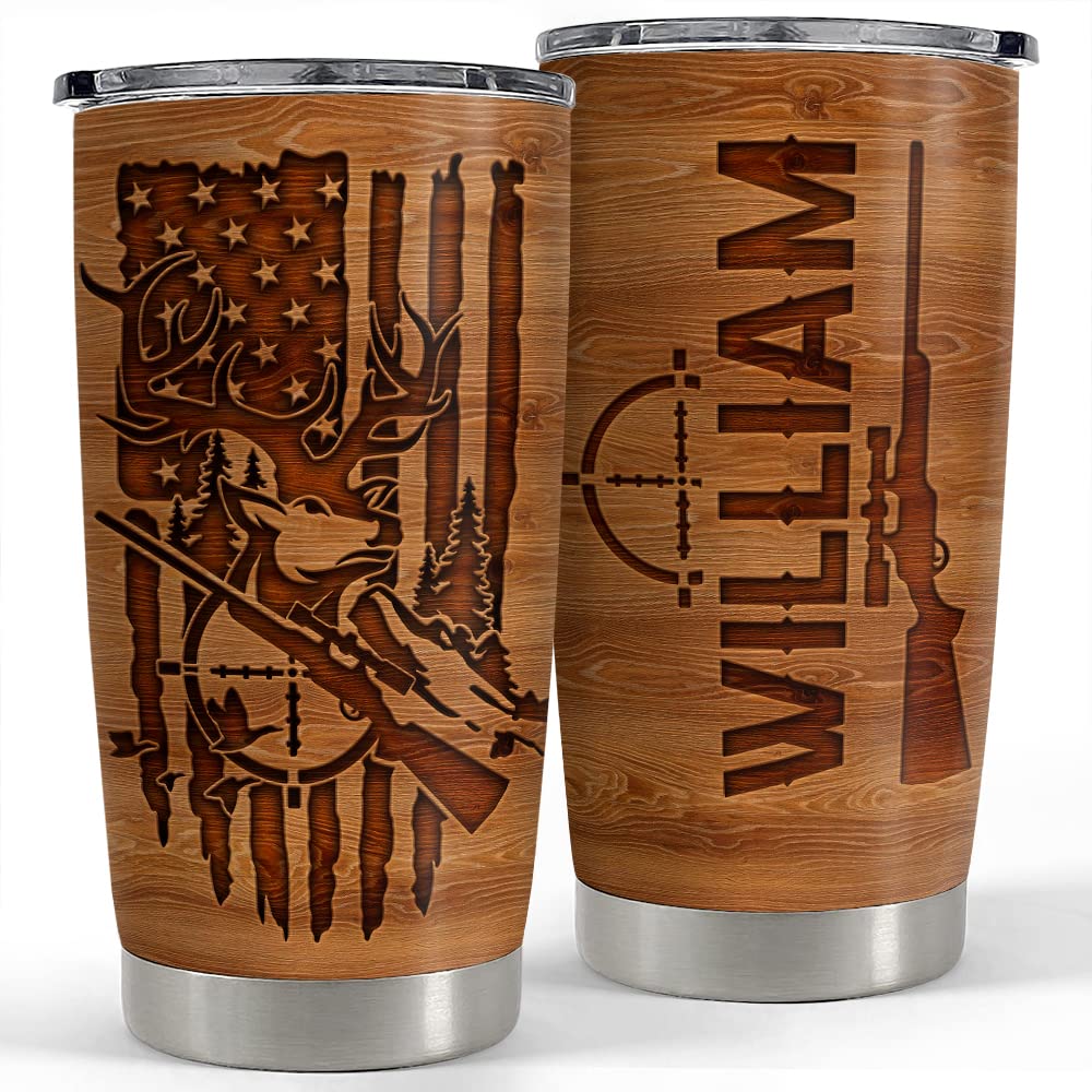SANDJEST Personalized Hunting Tumbler Wood Style American Flag 20oz 30oz Tumblers with Lid Gift for Men Dad Best Friends Hunting Lovers Christmas Birthday Fathers Day