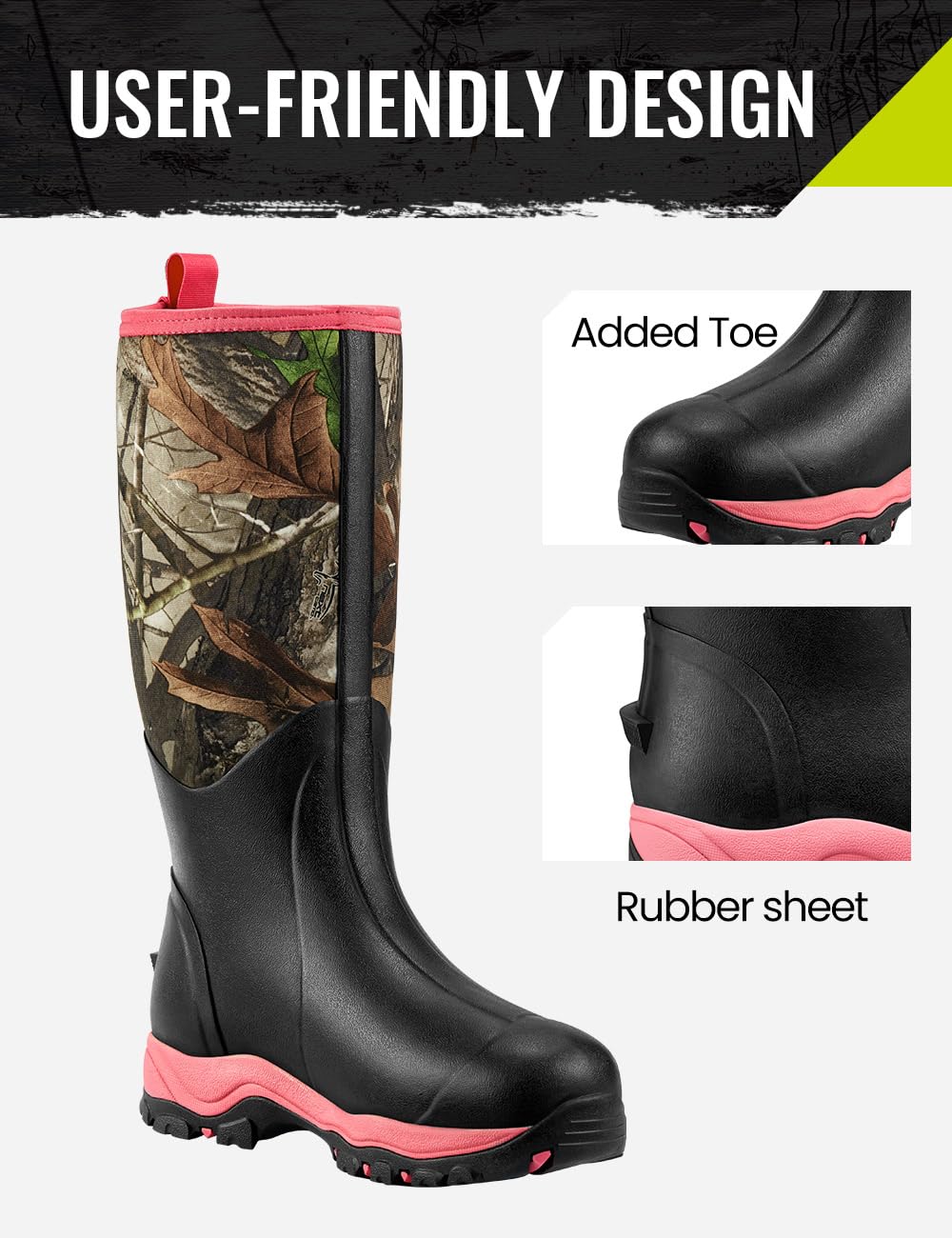 TIDEWE Hunting Boot for Women, Insulated Waterproof Sturdy Women's Hunting Boot, 6mm Neoprene and Rubber Outdoor Boot Next Camo G2（Pink Size 9）