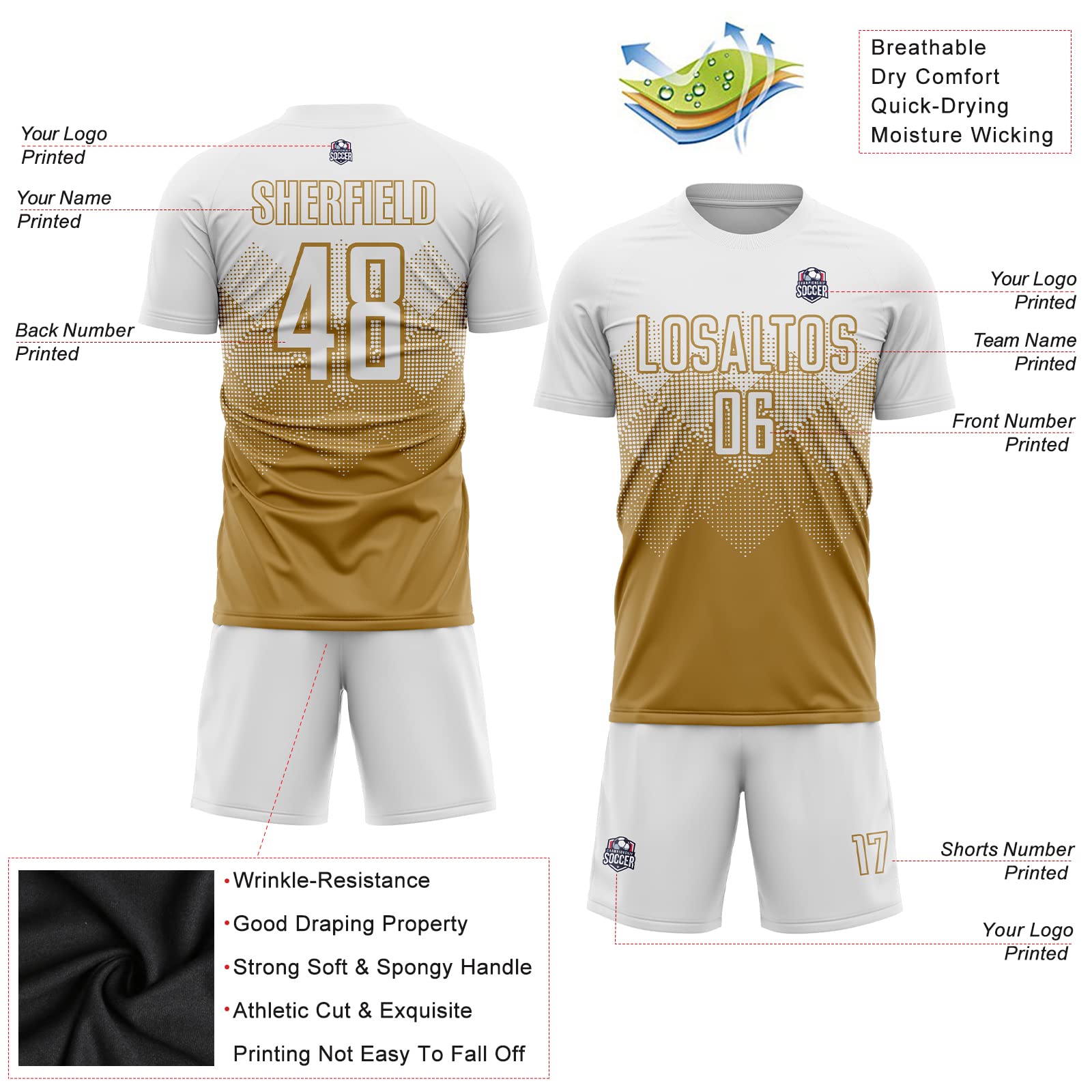 Custom Soccer Uniforms Sets Football Jersey Club Jersey Soccer Team Shirt and Shorts Sublimation for Clubs Teammates Family on Sports Match Training Session and Any Occasions Wearing, White Old Gold