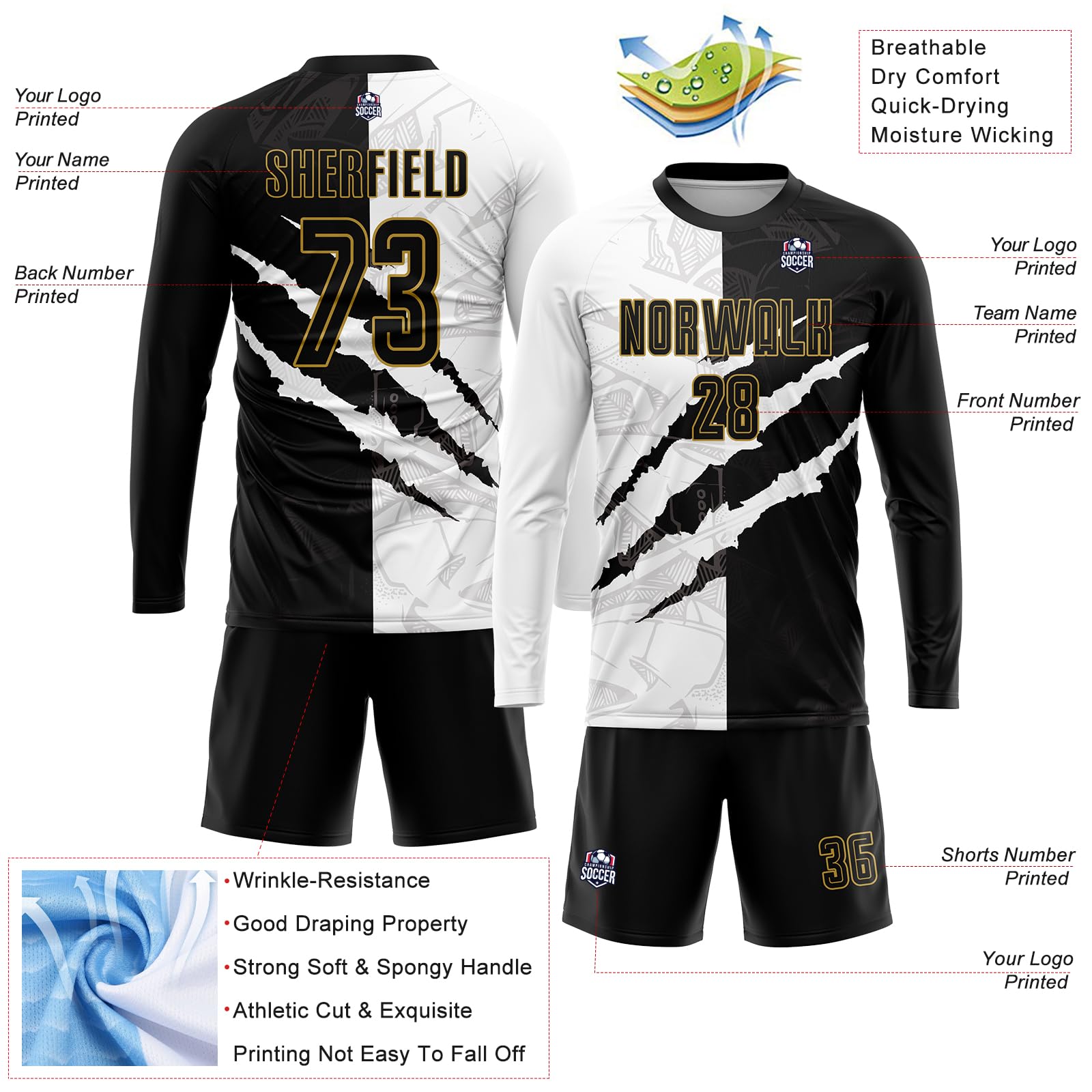Custom Graffiti Soccer Jerseys Personalized Black Old Gold Soccer Shirts and Shorts Customize Long Sleeve Soccer Uniform Set with Team Name Number Logo for Men Women Youth Kids Boys Girls Sports Fans