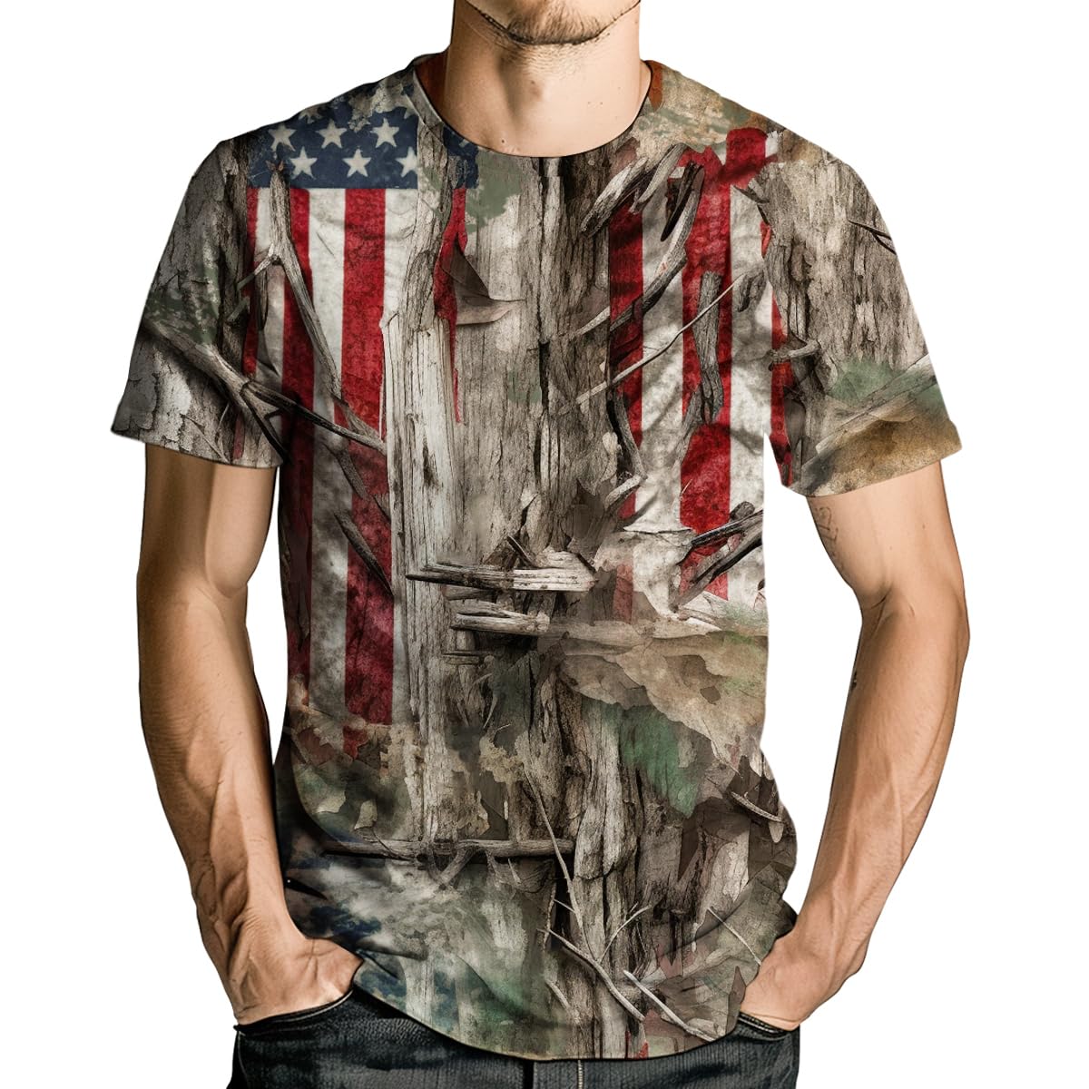 BEYFSJIRI American Flag T-Shirt Camouflage Shirts for Men Hunting Camo Patriotic Short Sleeve,Multicolor1,L