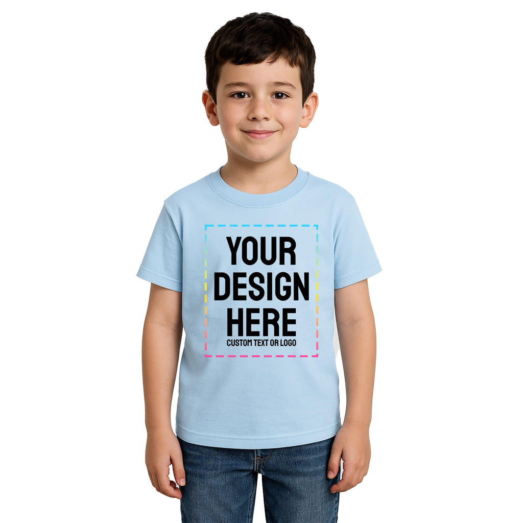 Personalized Kids T-Shirt Print with Text, Image or Logo - Custom DTF Printed Cotton Tees - Design Your Own Shirt for Kids (US, Alpha, Large, Regular, 1 Pack, Light Blue)