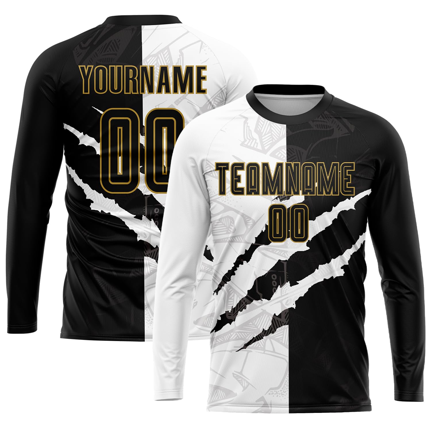 Custom Graffiti Soccer Jerseys Personalized Black Old Gold Soccer Shirts and Shorts Customize Long Sleeve Soccer Uniform Set with Team Name Number Logo for Men Women Youth Kids Boys Girls Sports Fans