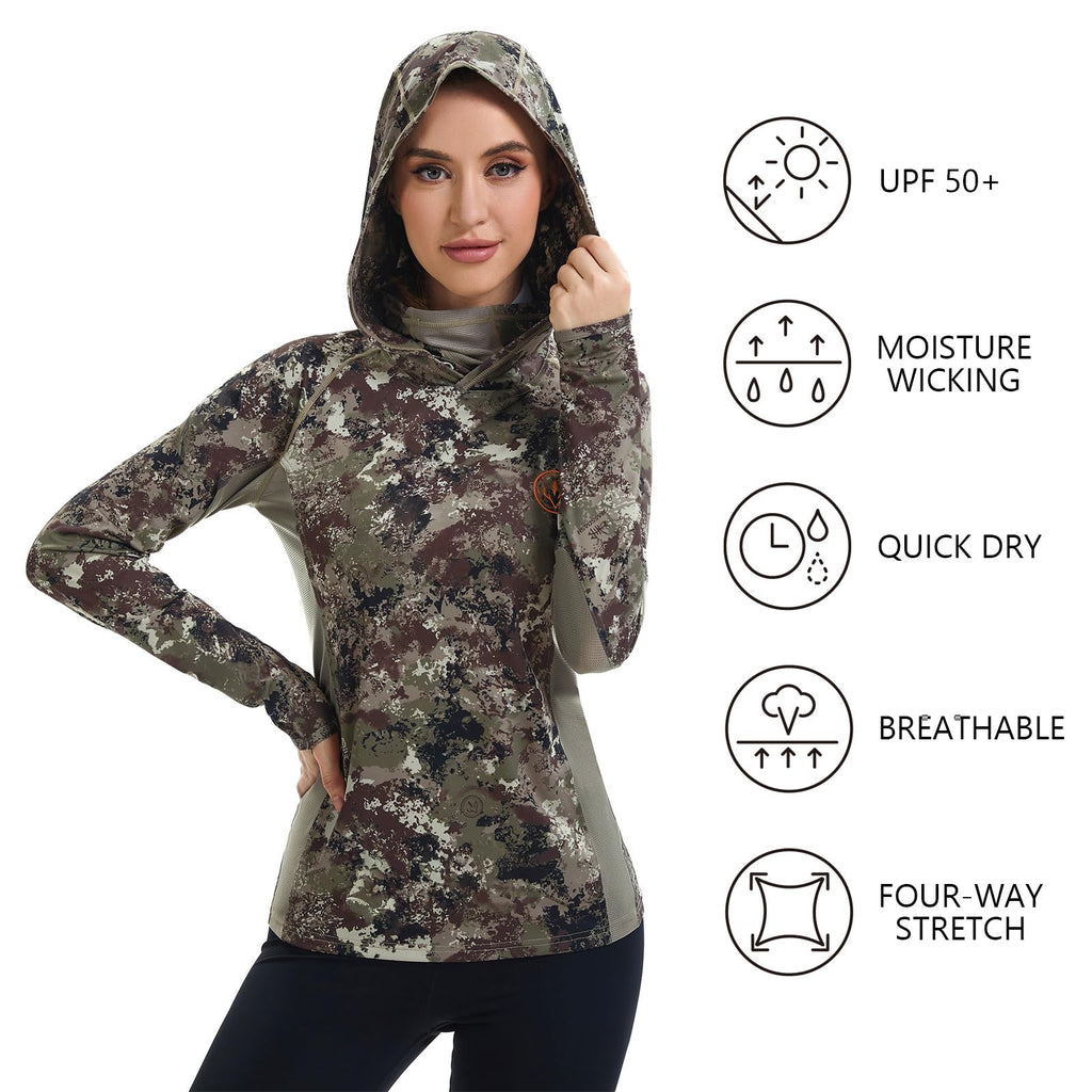 BASSDASH Women's UPF 50+ Camo Hunting Hoodie with Neck Gaiter Breathable Performance Long Sleeve Fishing Hooded Tee FS03W