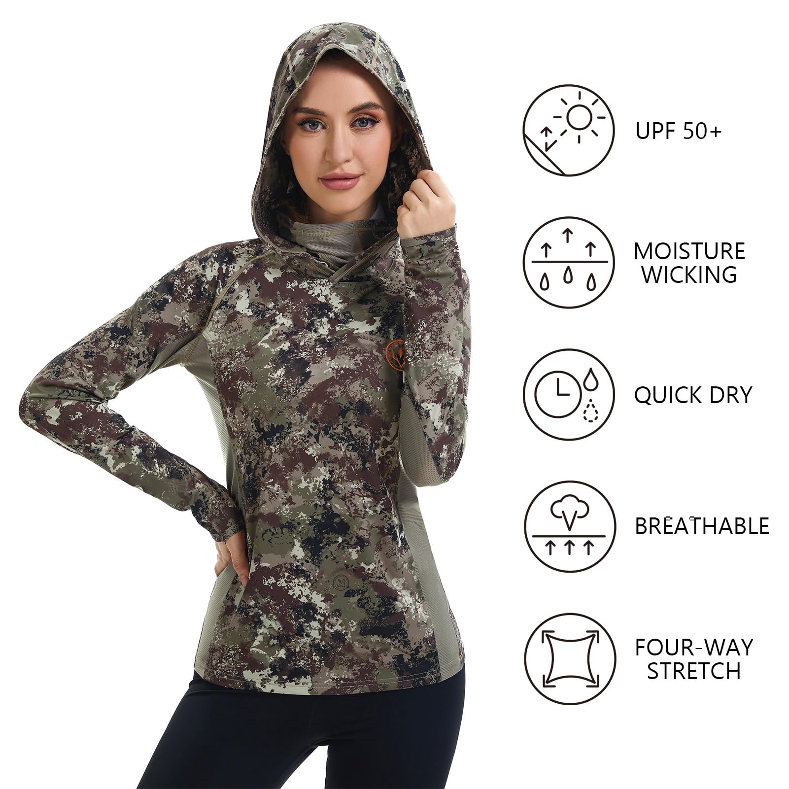 BASSDASH Women's UPF 50+ Camo Hunting Hoodie with Neck Gaiter Breathable Performance Long Sleeve Fishing Hooded Tee FS03W