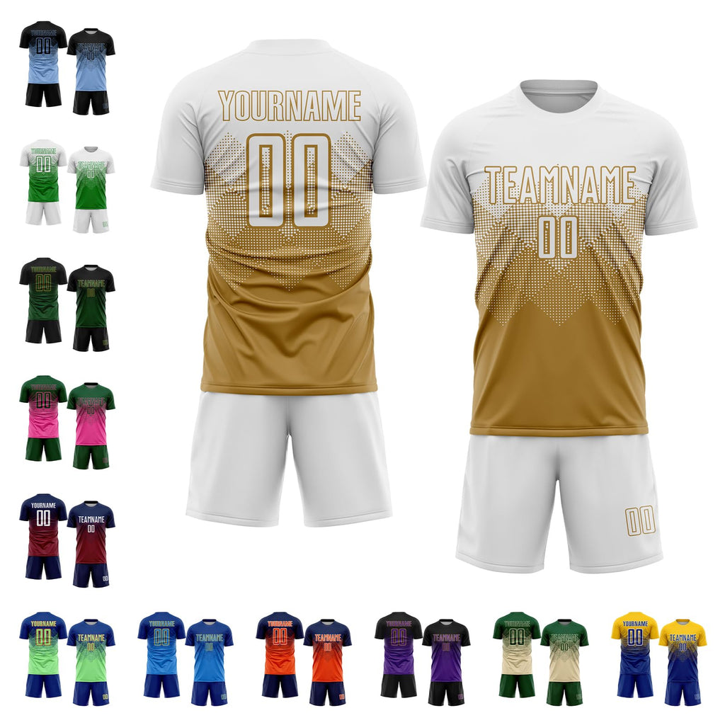 Custom Soccer Uniforms Sets Football Jersey Club Jersey Soccer Team Shirt and Shorts Sublimation for Clubs Teammates Family on Sports Match Training Session and Any Occasions Wearing, White Old Gold