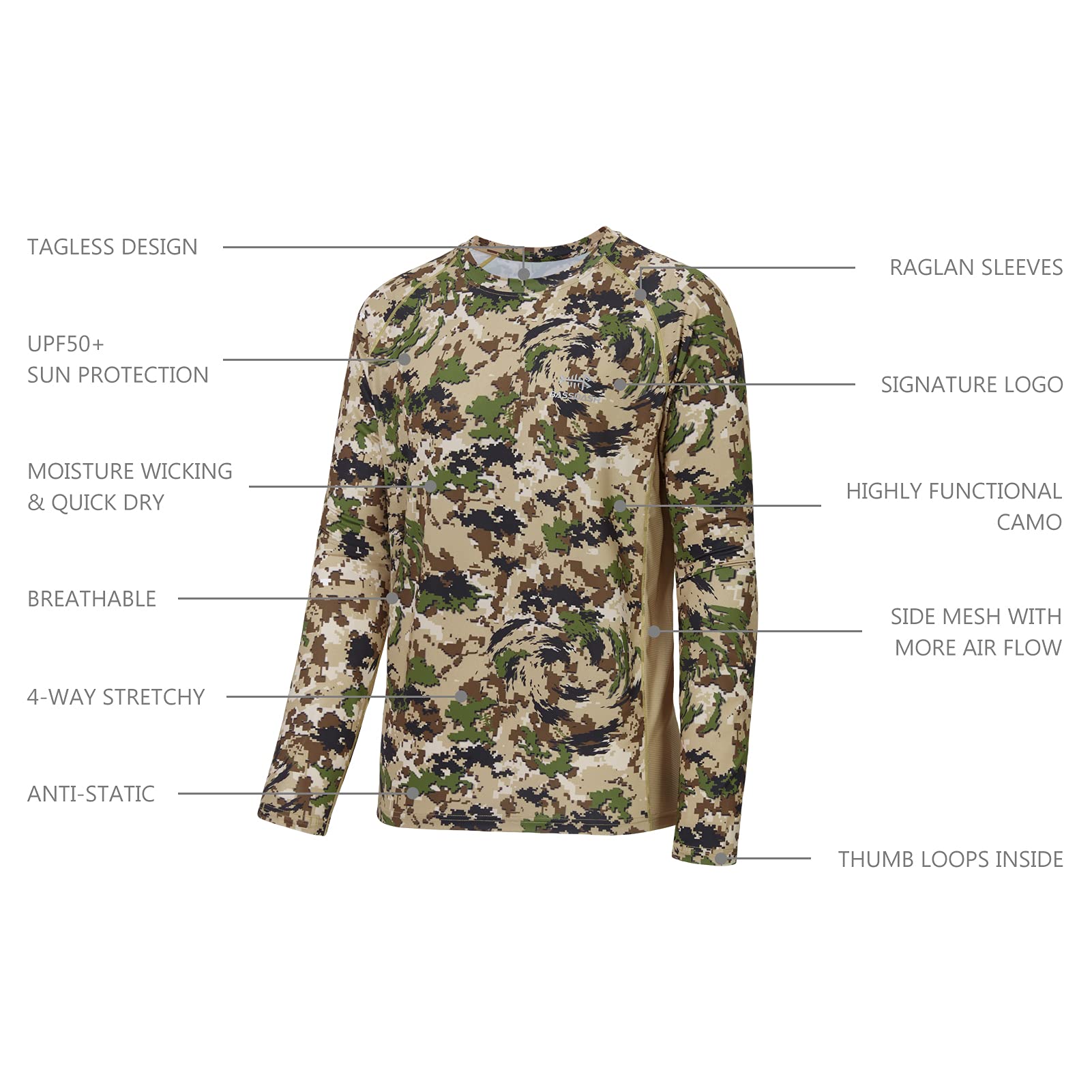 BASSDASH Men's Hunting Camo Performance Long Sleeve Shirt Fishing UPF50+ FS13M
