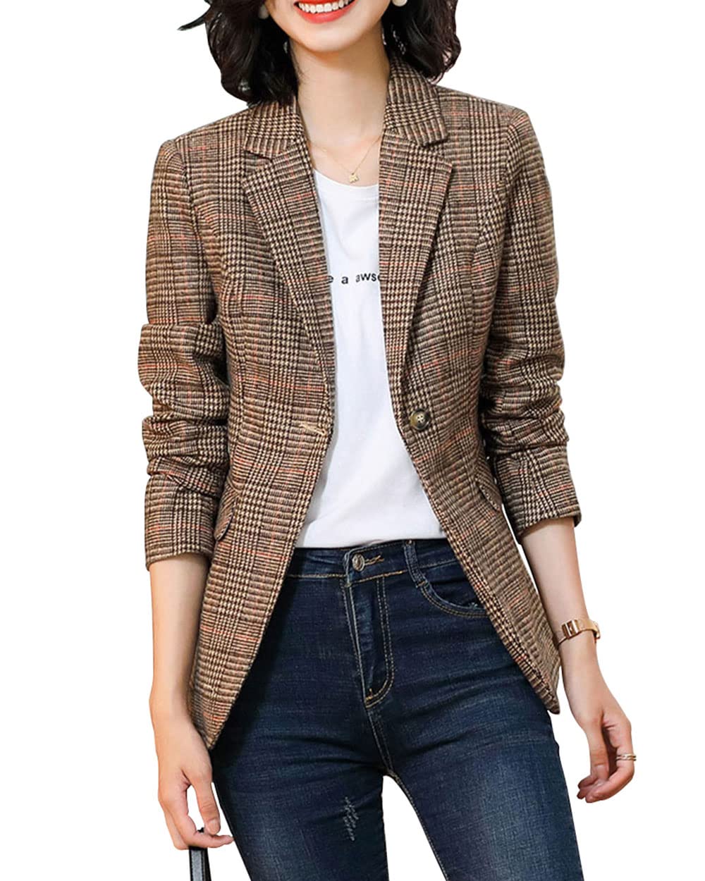 ebossy Women's Notch Lapel 2 Button Boyfriend Blazer Suit Houndstooth Plaid Jacket Coat (Large, X-Brown)