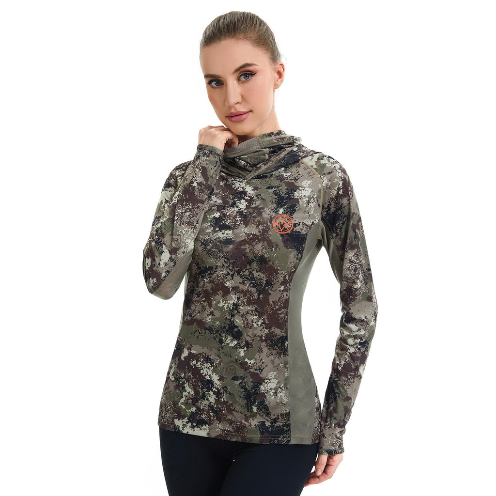BASSDASH Women's UPF 50+ Camo Hunting Hoodie with Neck Gaiter Breathable Performance Long Sleeve Fishing Hooded Tee FS03W