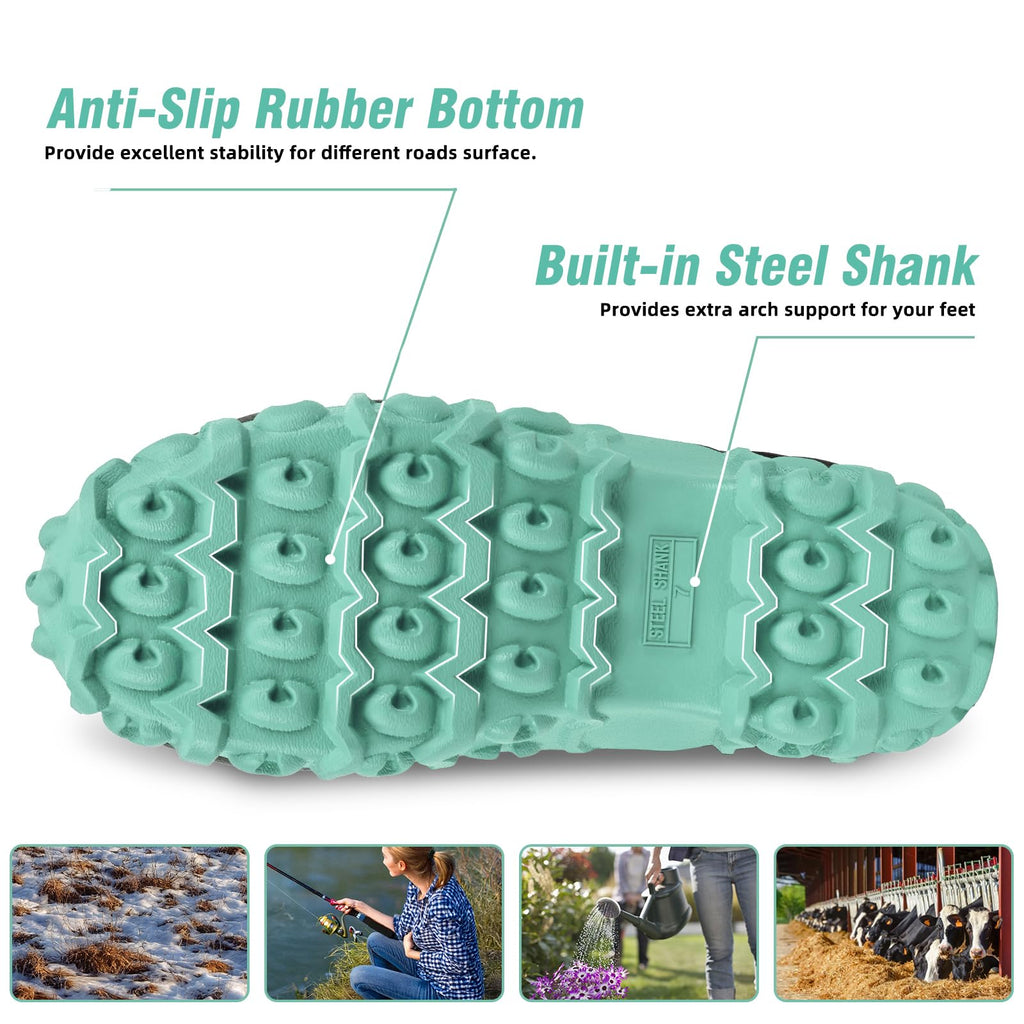 Trudave Rubber Boots for Women with Steel Shank, 6mm Neoprene Mid Calf Rain Boots, Waterproof Insulated Mud Work Boots All Season, Green, Size 5