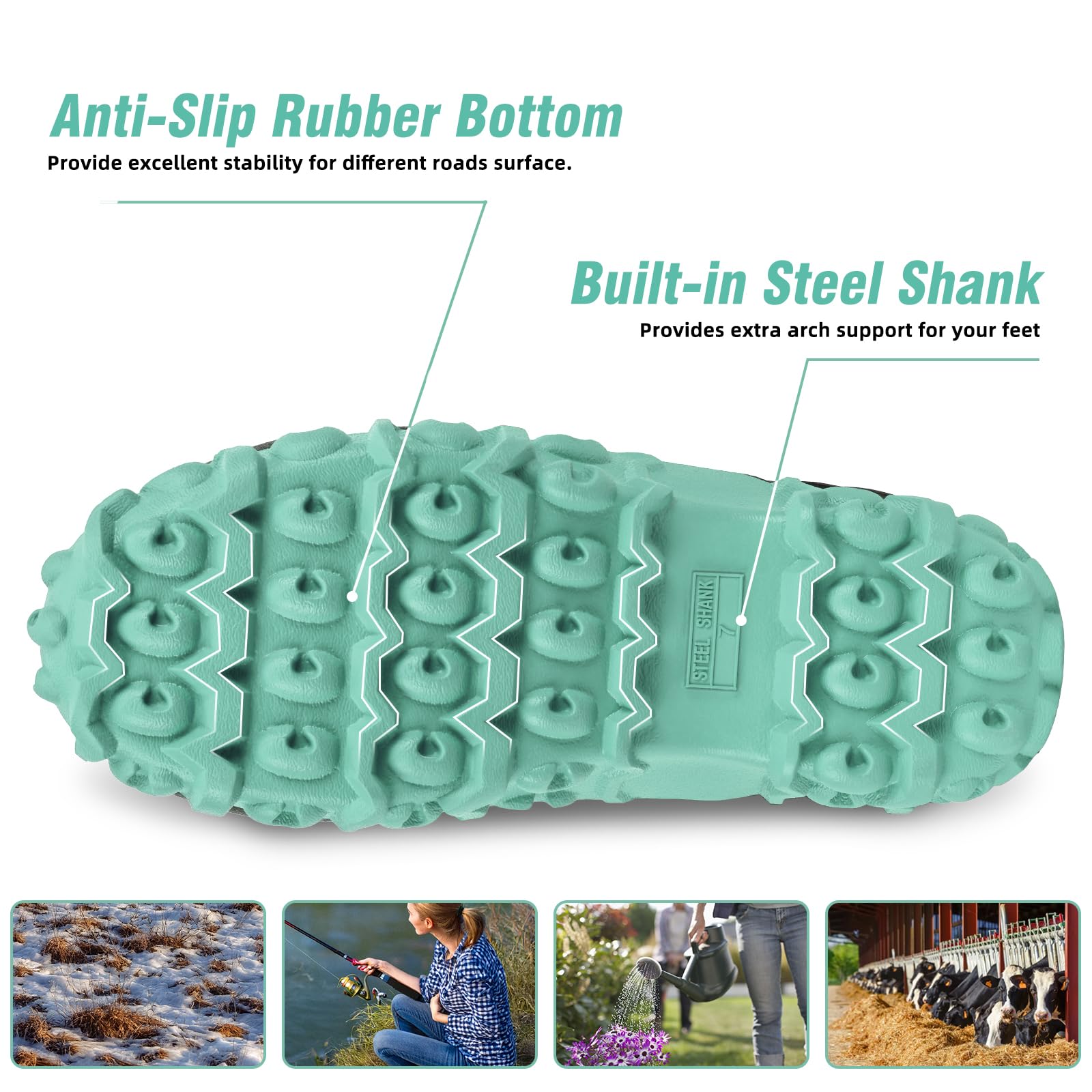 Trudave Rubber Boots for Women with Steel Shank, 6mm Neoprene Mid Calf Rain Boots, Waterproof Insulated Mud Work Boots All Season, Green, Size 5