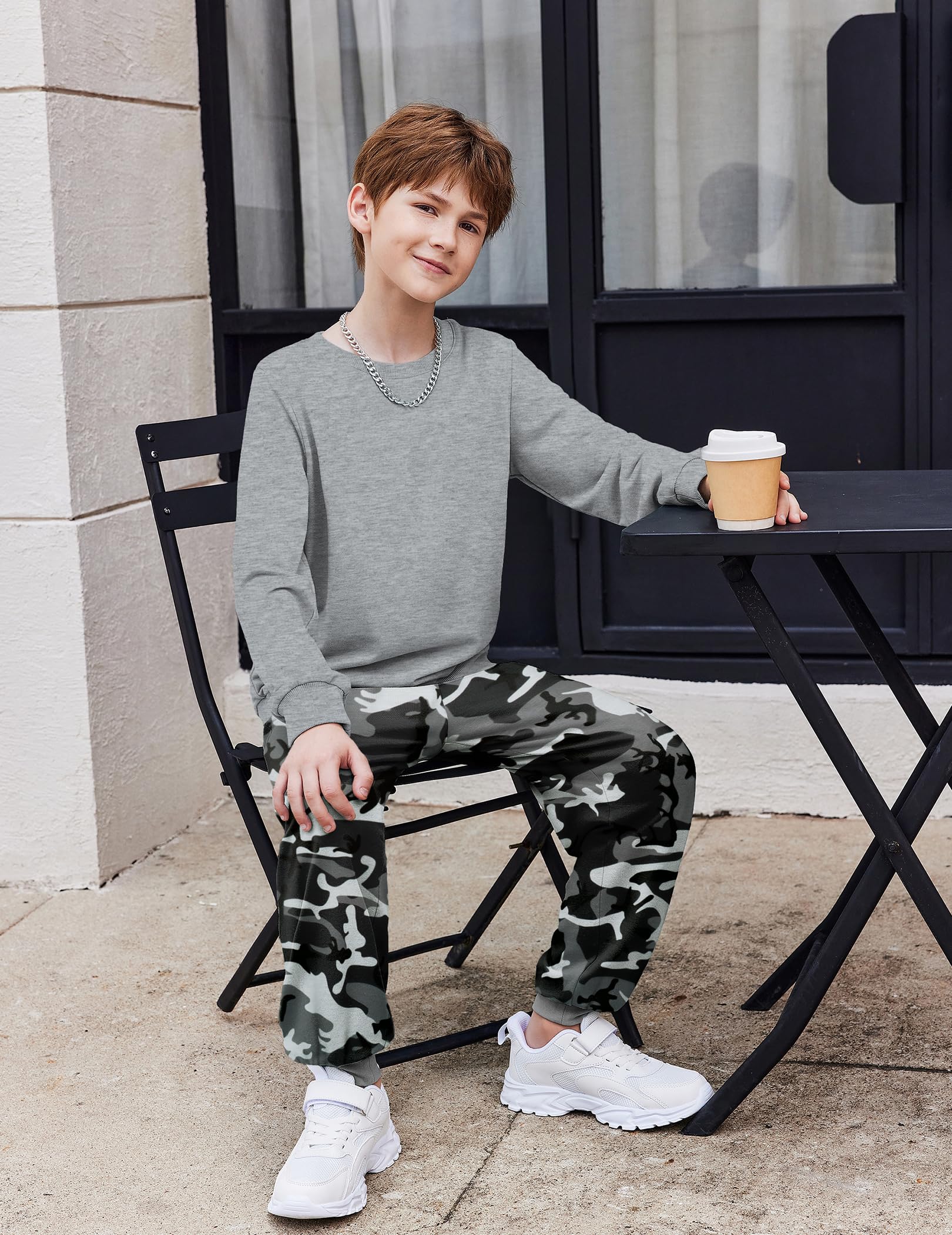 Arshiner Boys 2-Piece Camo Outfit - Grey Sweatshirt & Camouflage Sweatpants Set Fall Clothes for Kids 7-8 Years
