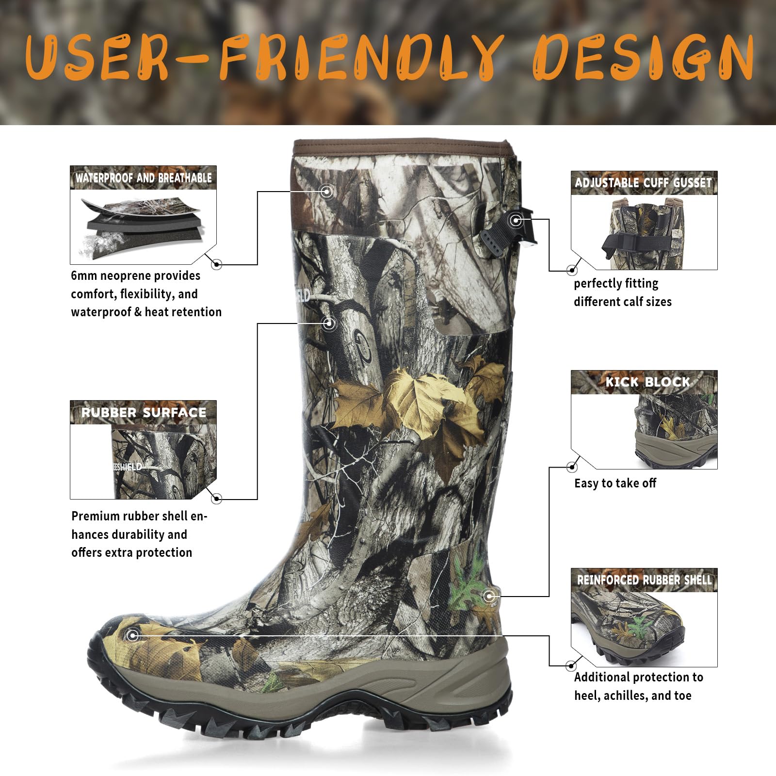 GIEESHIELD Breathable Insulated Next Camo G2 Warm Hunting Boots with Versatile Design - Durable Construction 6mm Neoprene Waterproof Rubber Boots for Men and Women