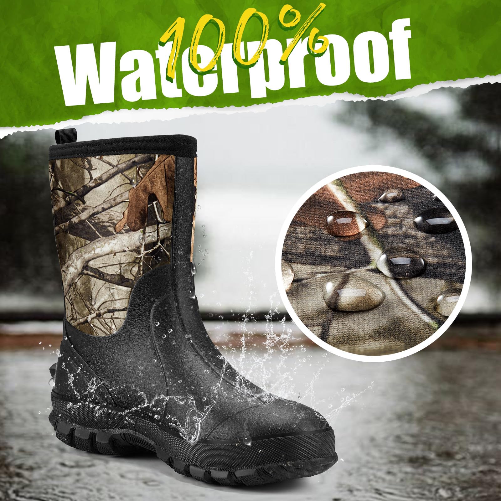 TIDEWE Rubber Boots for Men, 5.5mm Neoprene Insulated Rain Boots with Steel Shank, Waterproof Mid Calf Hunting Boots, Sturdy Rubber Work Boots for Farming Gardening Fishing (Next Camo G2 Size 9)