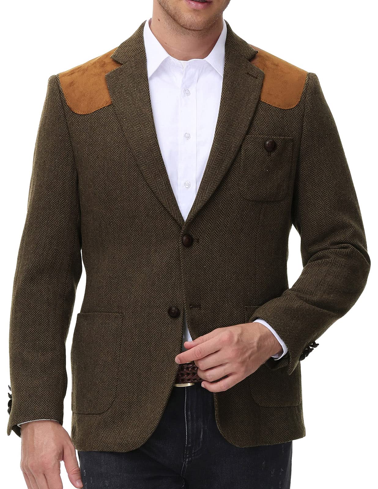 Men's Formal Tweed Herringbone Blazer 2 Button Wool Blend Sport Coat Brown L