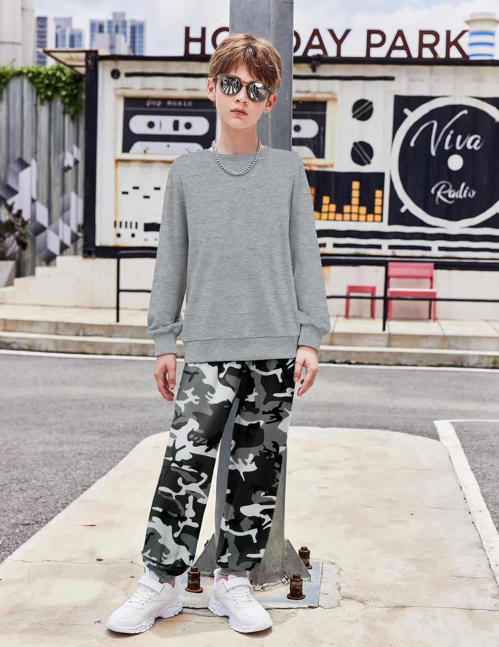 Arshiner Boys 2-Piece Camo Outfit - Grey Sweatshirt & Camouflage Sweatpants Set Fall Clothes for Kids 7-8 Years